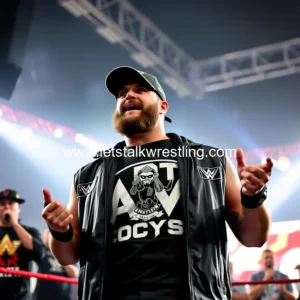 Artistic representation for AEW hypes AJ of The Costco Guys wrestling at Full Gear