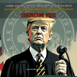 Artistic representation for Judge pauses lawsuit alleging Trump Education secretary pick enabled sexual abuse of children decades ago