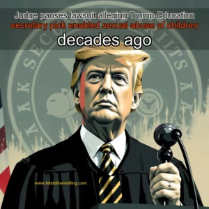 Artistic representation for Judge pauses lawsuit alleging Trump Education secretary pick enabled sexual abuse of children decades ago