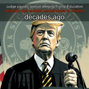 Artistic representation for Judge pauses lawsuit alleging Trump Education secretary pick enabled sexual abuse of children decades ago