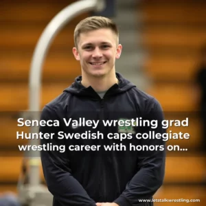 Artistic representation for Seneca Valley wrestling grad Hunter Swedish caps collegiate wrestling career with honors on off mat