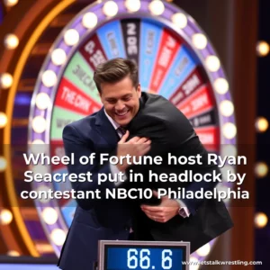 Artistic representation for Wheel of Fortune host Ryan Seacrest put in headlock by contestant NBC10 Philadelphia